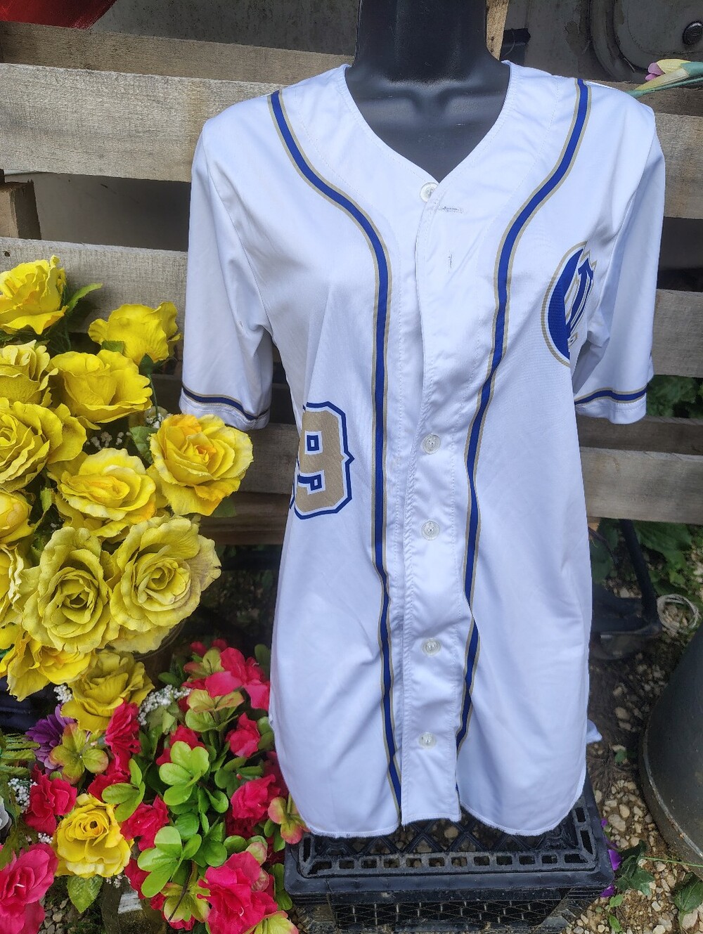 White Baseball Jersey with Blue and Gold Trim